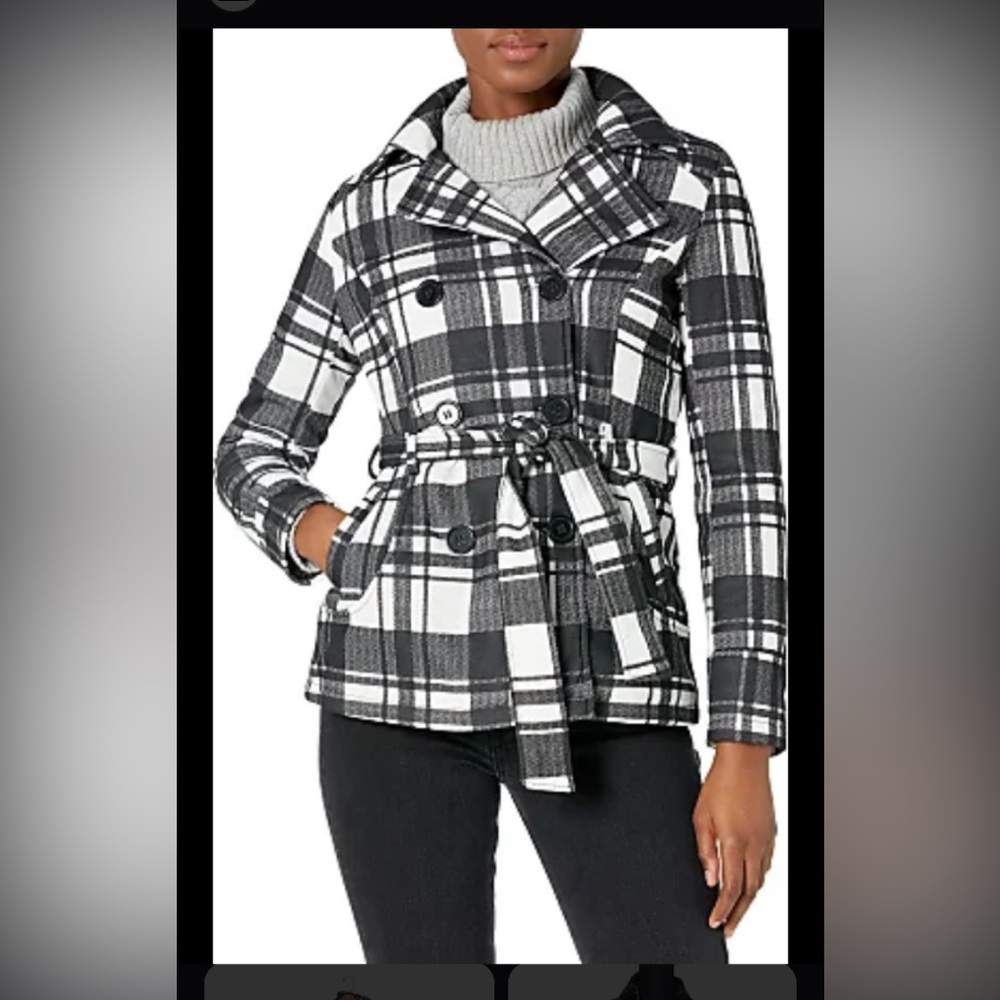 Jou Jou black and white plaid pea coat